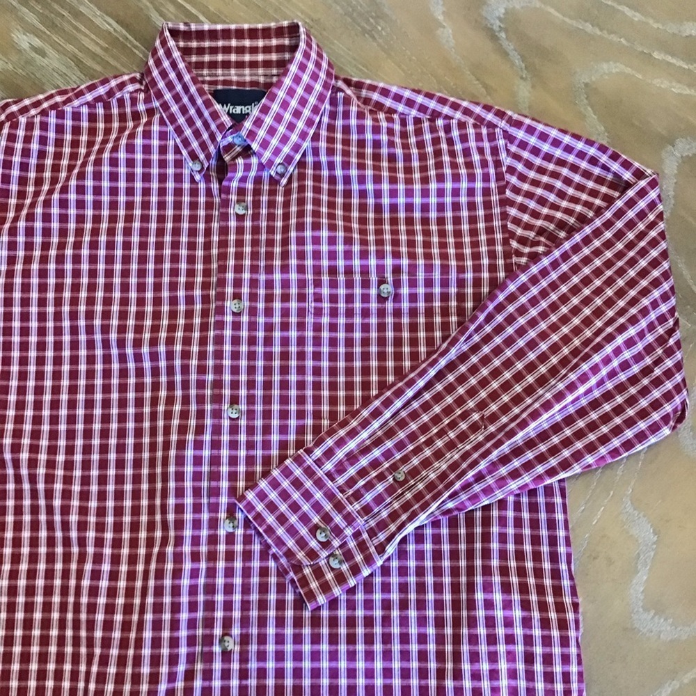 Wrangler Mens Red Plaid Long Sleeve Button Up Shirt Size Large